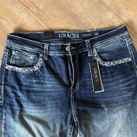 Grace in L.A. Easy Fit Bootcut Jeans Size 33 NWT Embroidered Rhinestone Pockets - Picture 3 of 10